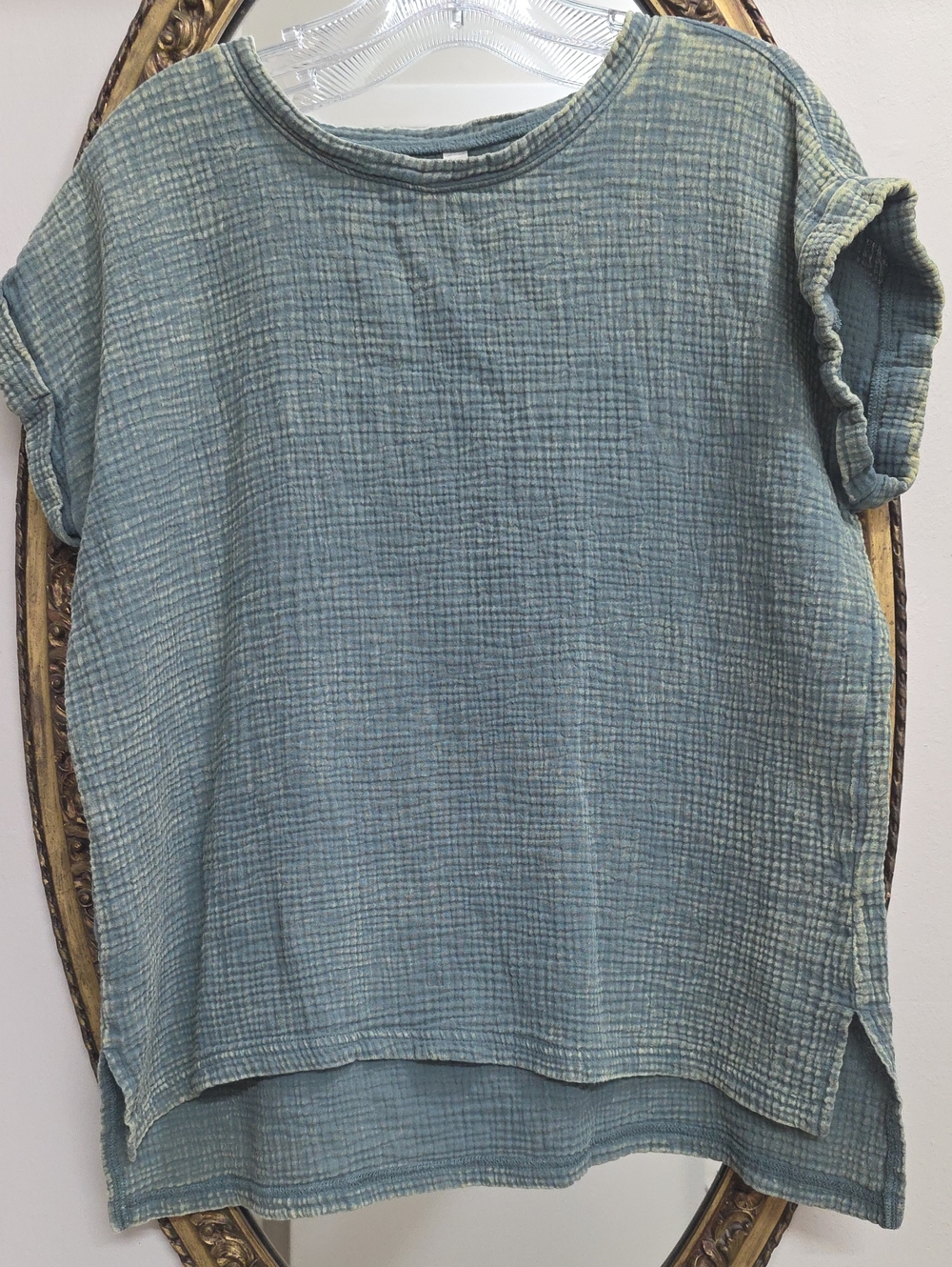 Zenana Relaxed Blue Gauze Short-Sleeve Top Boxy High Lo Hem Size M 100% Cotton